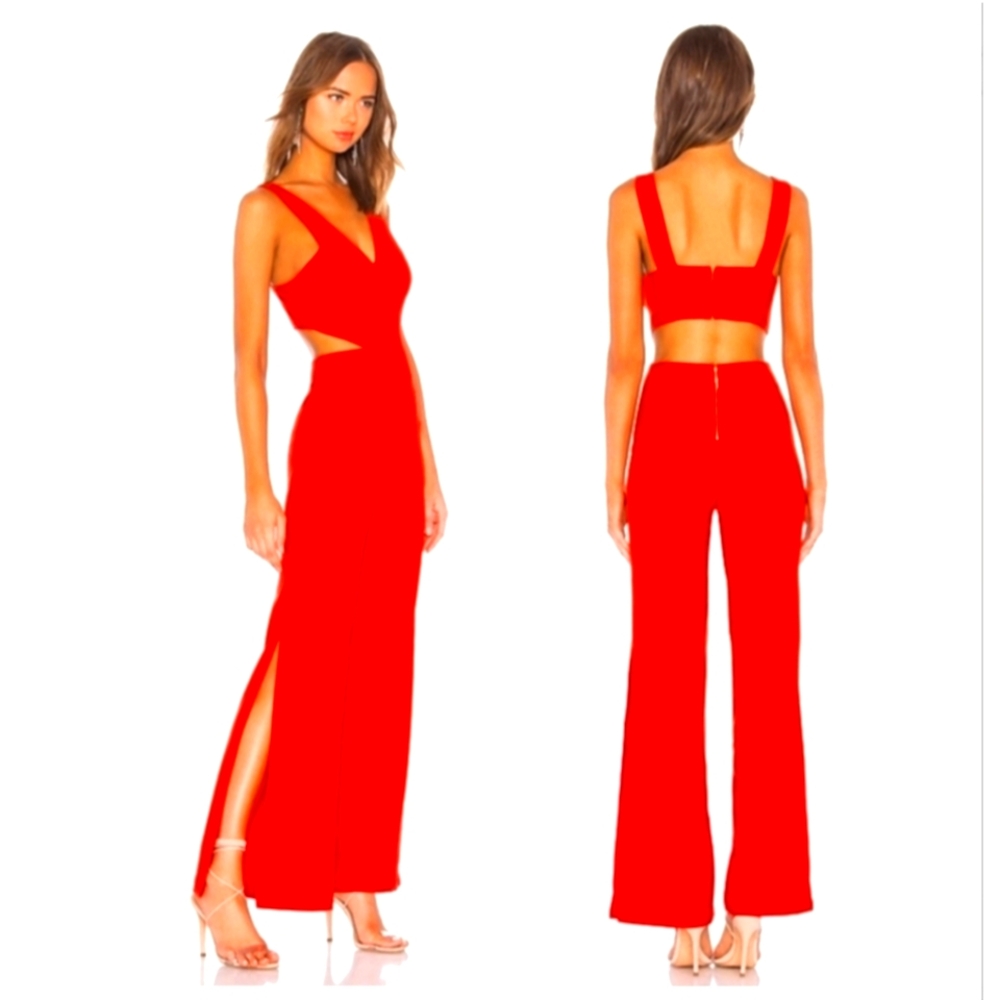 NBD × NAVEN Tiffany Fire Engine Red One-piece Cut Out Split Leg Jumpsuit - Picture 1 of 12
